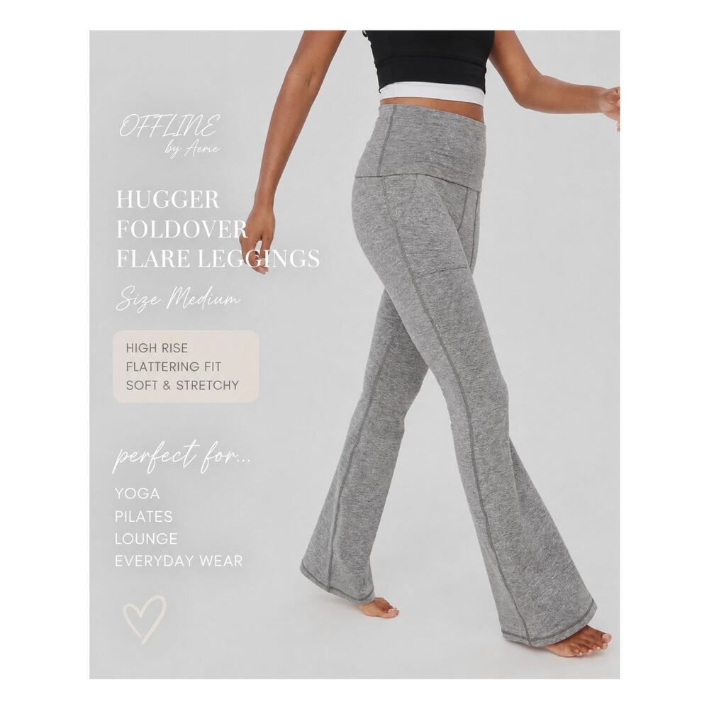 OFFLINE by Aerie Hugger Flare Leggings Medium Gray Foldover High Rise Short Hem